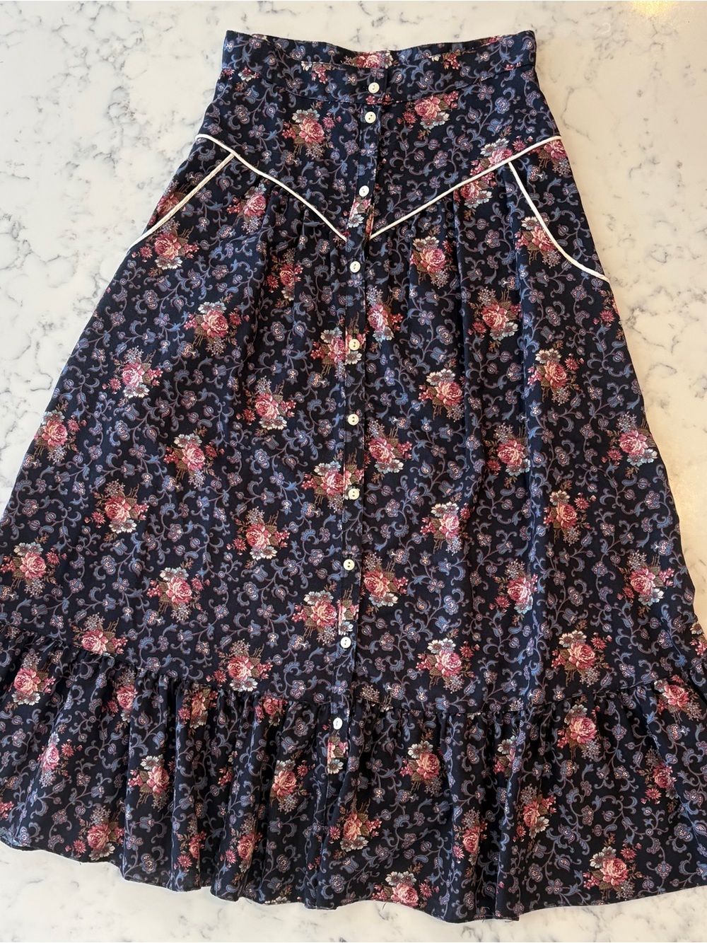 Gunne Sax by Jessica McClintock Blue Floral Button Front A-Line Midi Skirt 7